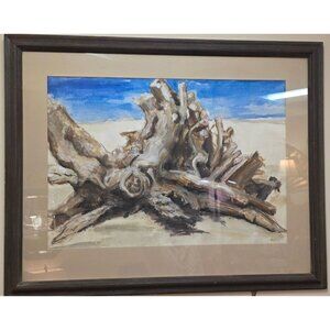 Painting Watercolor Framed Driftwood By CEV 77 Nautical Ocean Beach 39" X 31"